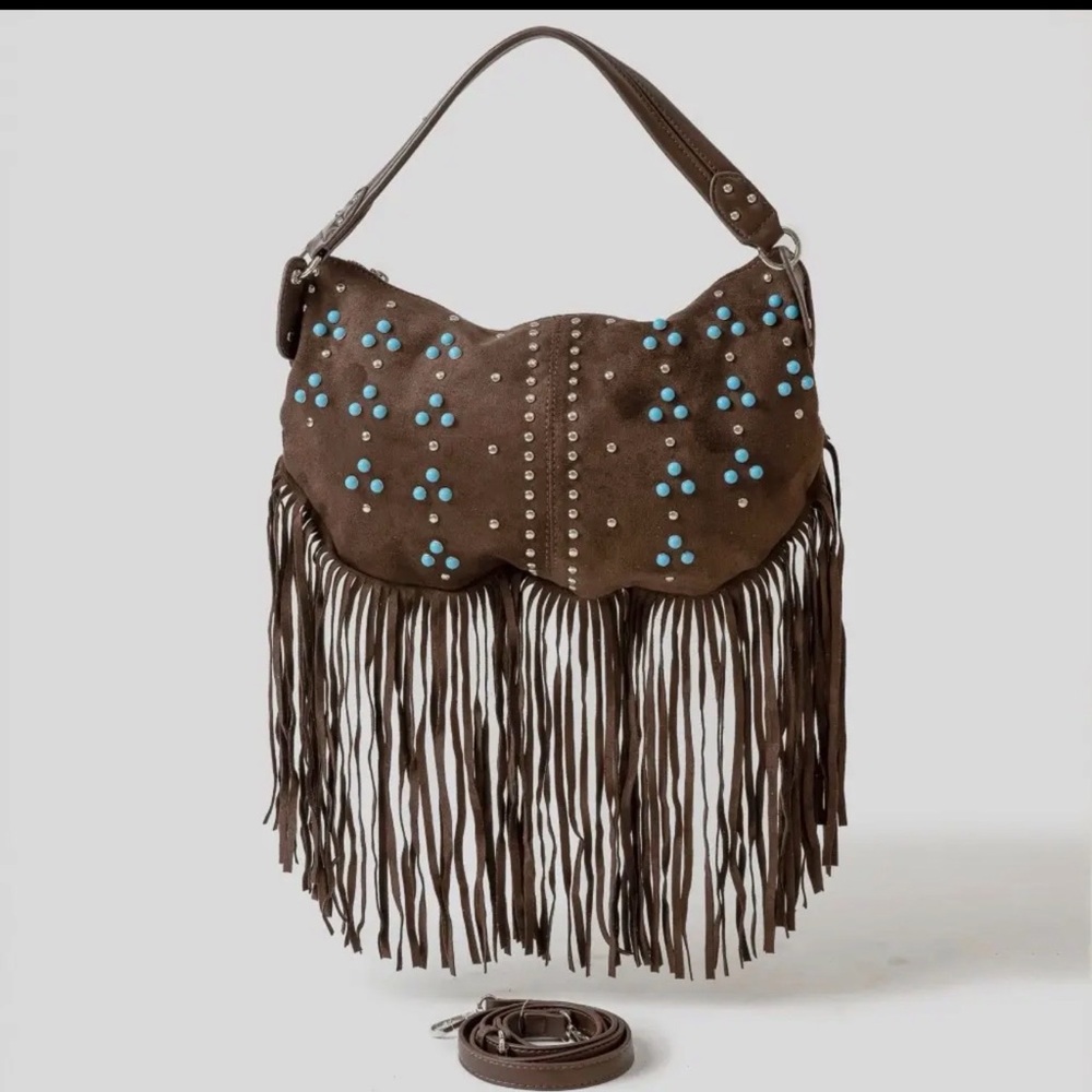 Bohemian Brown Shoulder Bag with Blue Studs